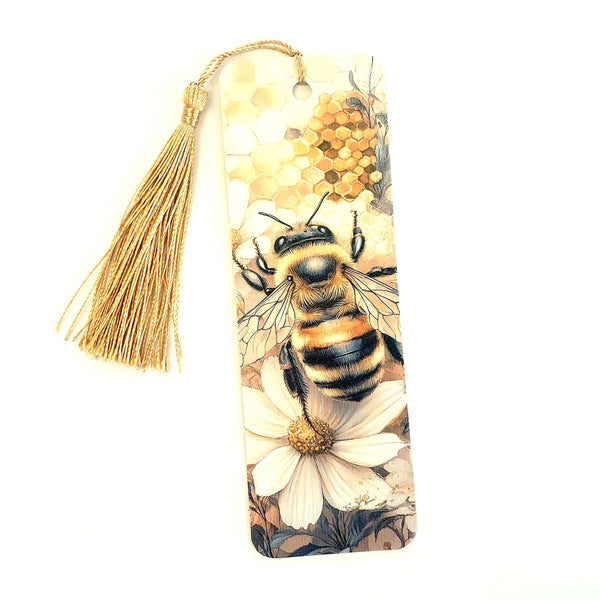 double sided honeybee bookmark with golden tassel