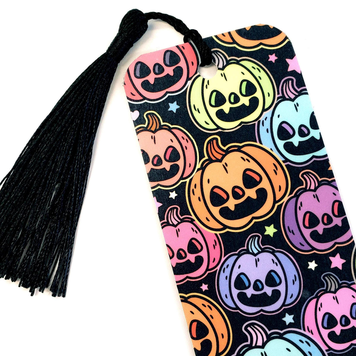Cute Halloween Pumpkin Bookmark, pastel color pumpkins and stars, double-sided printed laminated bookmark, gift for reader, spooky season
