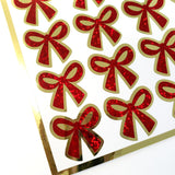 Red Coquette Bow Stickers - set of 20 sparkly ribbons for holiday cards, gift tags and calendars. Waterproof Christmas bow stickers.