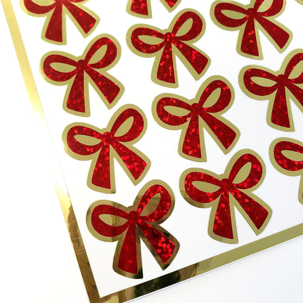 Red Coquette Bow Stickers - set of 20 sparkly ribbons for holiday cards, gift tags and calendars. Waterproof Christmas bow stickers.