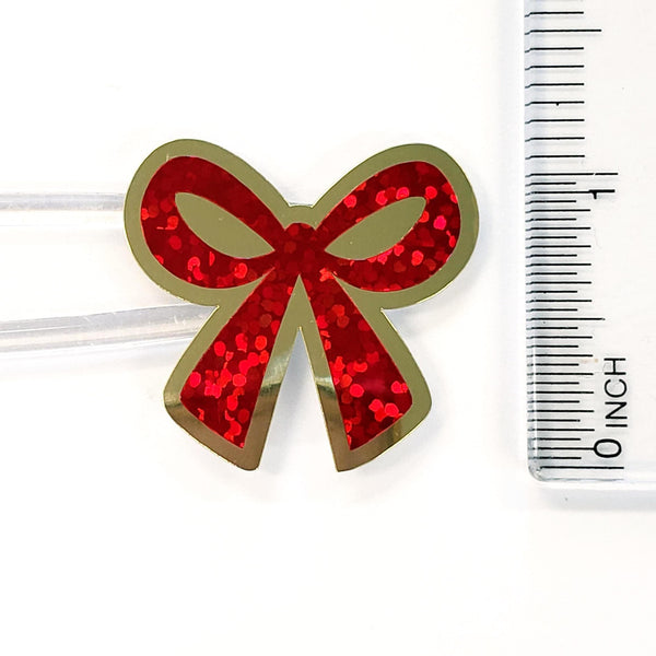 Red Coquette Bow Stickers - set of 20 sparkly ribbons for holiday cards, gift tags and calendars. Waterproof Christmas bow stickers.