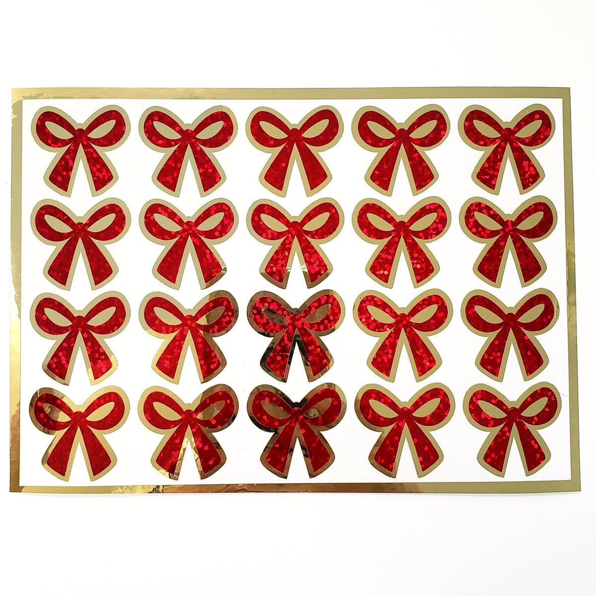 Red Coquette Bow Stickers - set of 20 sparkly ribbons for holiday cards, gift tags and calendars. Waterproof Christmas bow stickers.