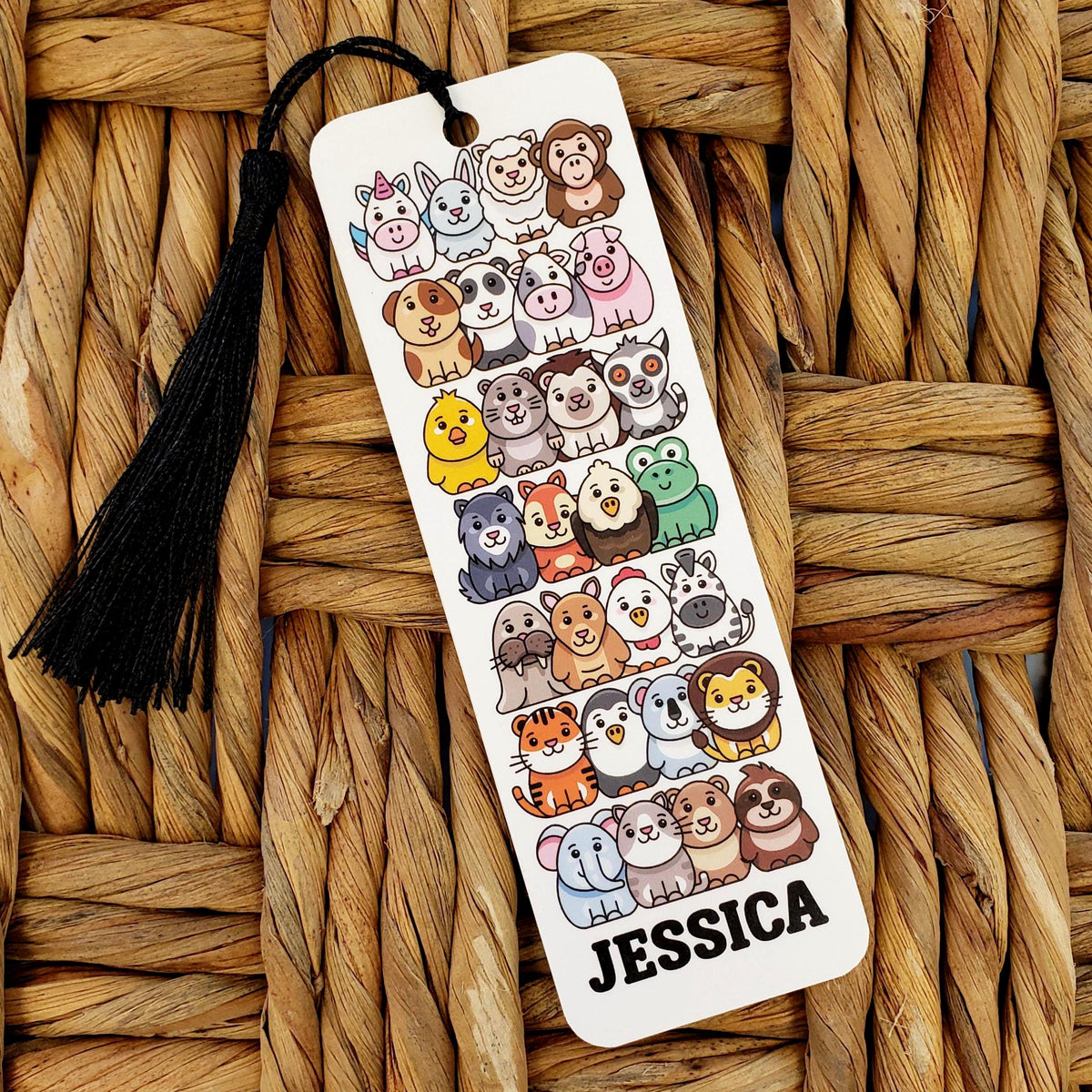 Back-to-School Personalized Name Bookmark – Farm & Wild Animal Cartoon Design with Tassel, Gift for Kids and Young Readers.