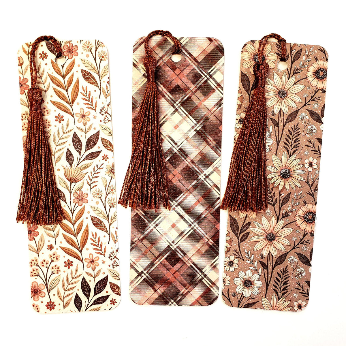 Autumn Floral and Plaid Pattern Bookmarks: Set of 3, double-sided, peach and brown printed cardstock