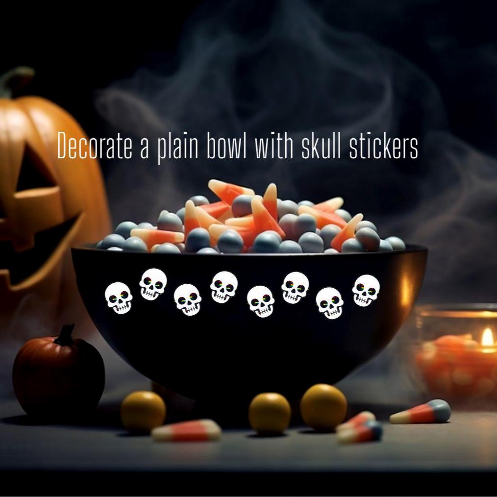 Skull Stickers, sheet of 28 or 15 black and white Halloween skeletons for party favors and crafts