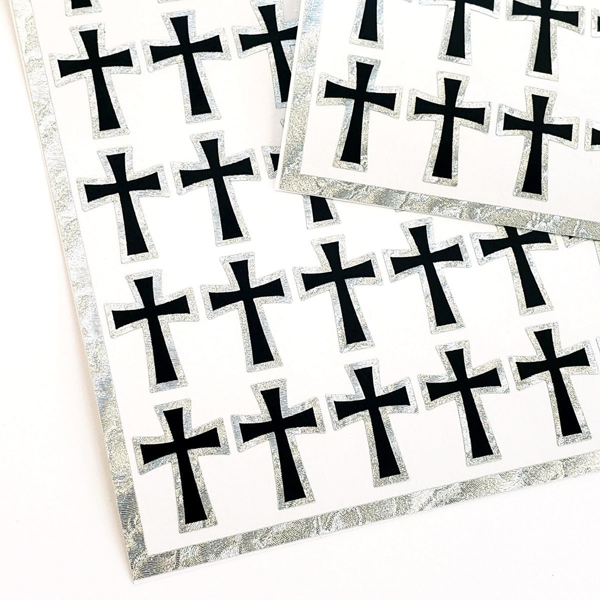 Small Cross Sticker Sheet, 36 Black Crosses with Metallic Silver Outline, Religious Vinyl Decals, Goth Crosses.