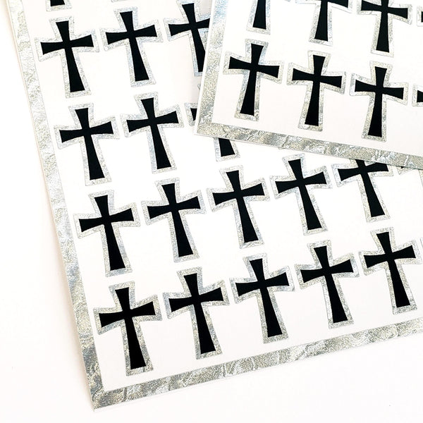 Small Cross Sticker Sheet, 36 Black Crosses with Metallic Silver Outline, Religious Vinyl Decals, Goth Crosses.