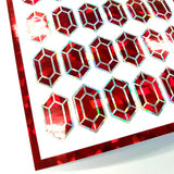 Red rupee stickers, set of 36 sparkly red July birthstone stickers.