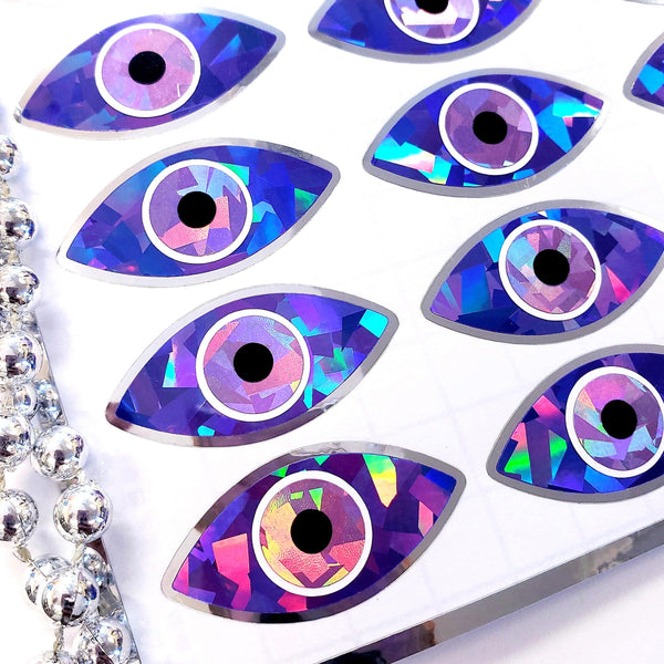Purple Eyes Stickers, set of 20 sparkly eye stickers for good luck spiritual protection symbol, karma charm, third eye stickers