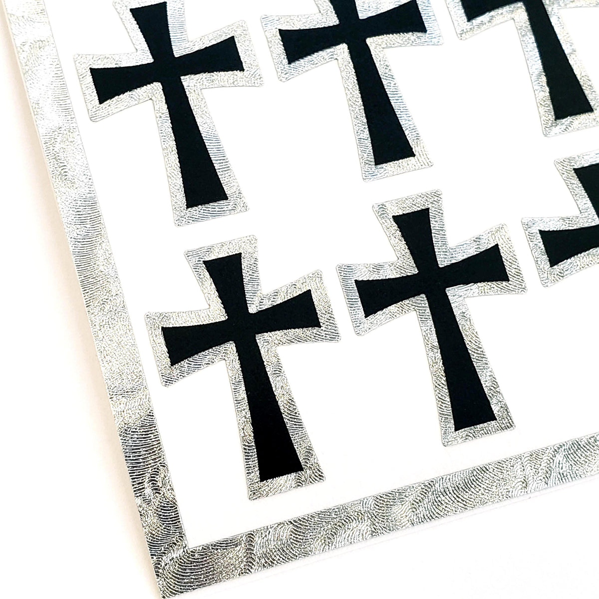 Small Cross Sticker Sheet, 36 Black Crosses with Metallic Silver Outline, Religious Vinyl Decals, Goth Crosses.