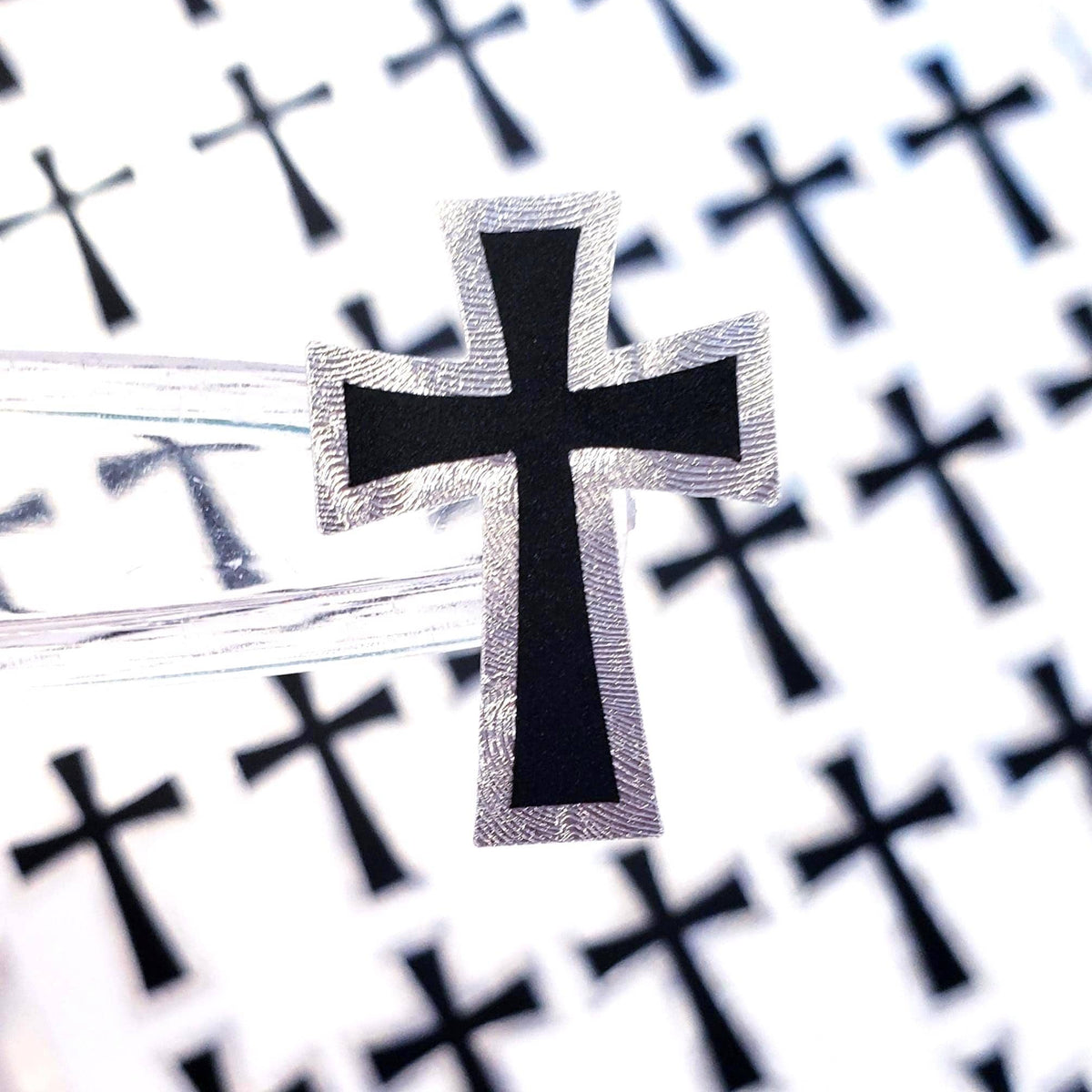 Small Cross Sticker Sheet, 36 Black Crosses with Metallic Silver Outline, Religious Vinyl Decals, Goth Crosses.