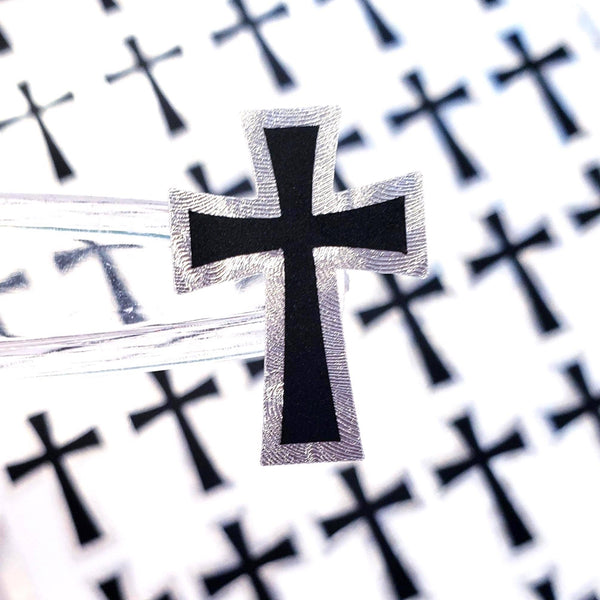 Small Cross Sticker Sheet, 36 Black Crosses with Metallic Silver Outline, Religious Vinyl Decals, Goth Crosses.