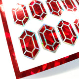 Red rupee stickers, set of 36 sparkly red July birthstone stickers.