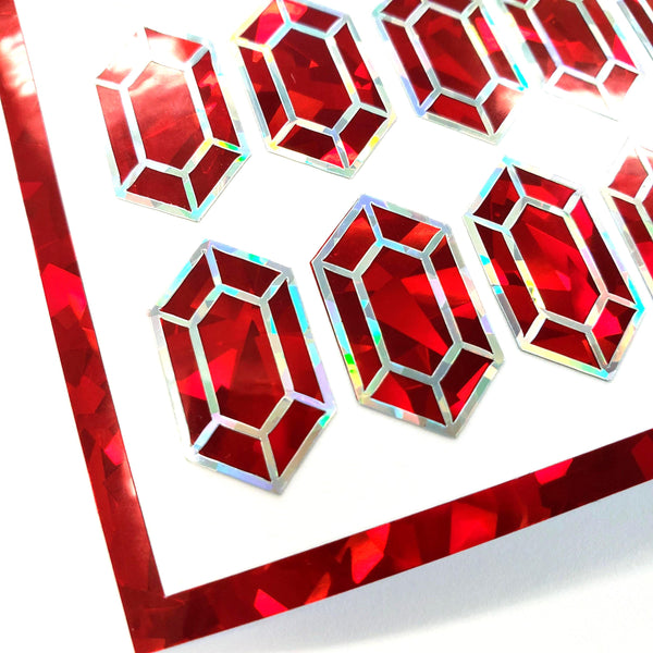 Red rupee stickers, set of 36 sparkly red July birthstone stickers.