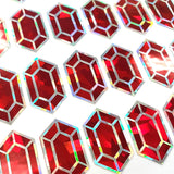 Red rupee stickers, set of 36 sparkly red July birthstone stickers.