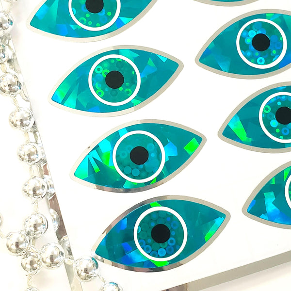 Eyes Stickers, set of 20 sparkly turquouse eye stickers for good luck spiritual protection symbol, karma charm, third eye stickers