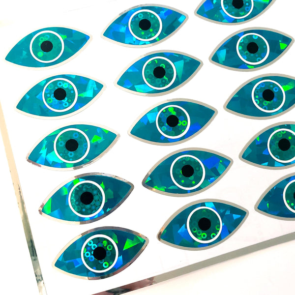 Eyes Stickers, set of 20 sparkly turquouse eye stickers for good luck spiritual protection symbol, karma charm, third eye stickers