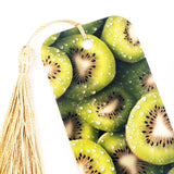 Kiwi fruit bookmark with  gold tassel. double-sided bookmark with photograph of sliced kiwi fruit.