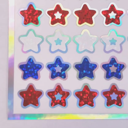 Star Stickers, set of 70 patriotic red, white, and blue stars for Memorial Day, July 4th, American Flag Decor, Glitter Sticker Sheet.