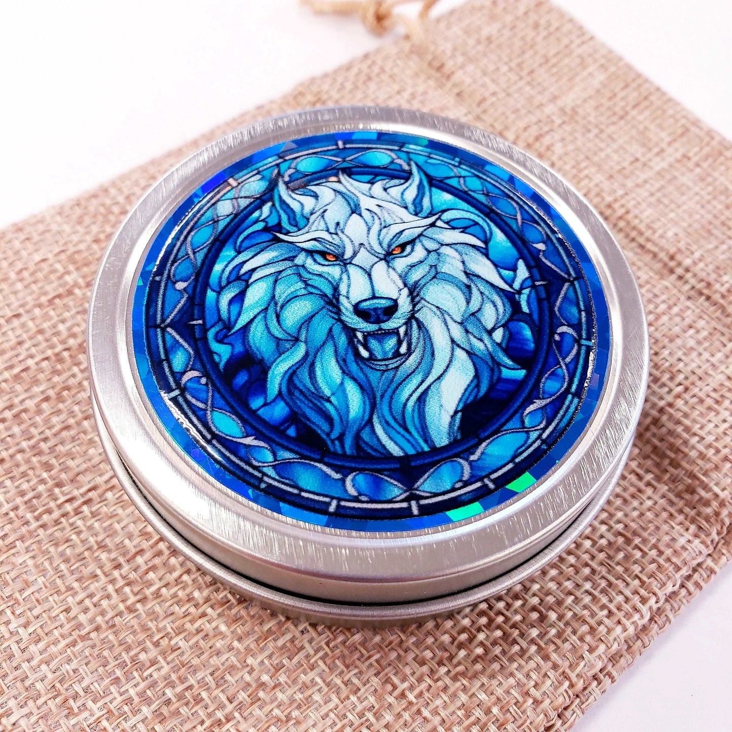 Wolf Container. Small round metal tin with blue wolf monster graphics. Mystical Creature gift for wolf collector. Stocking Stuffer.