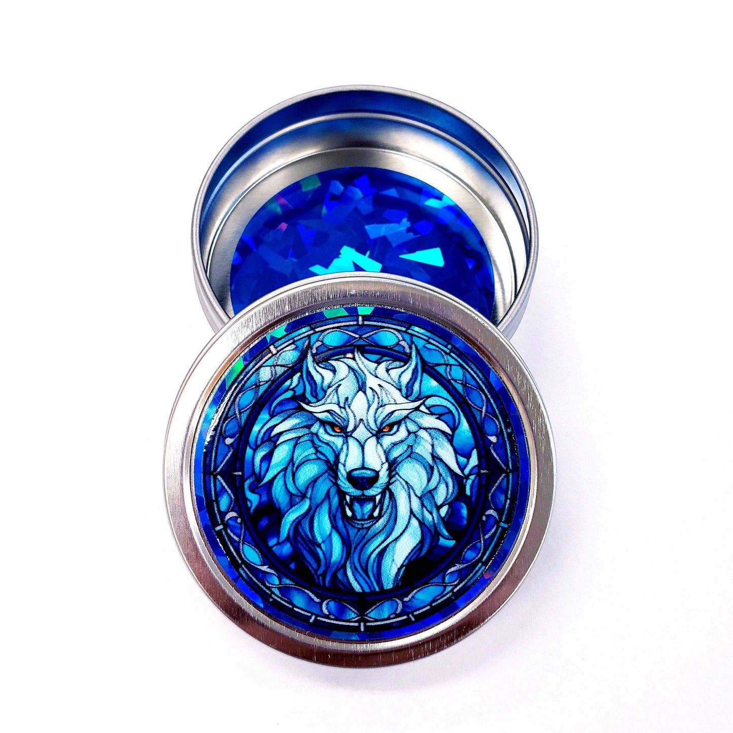 Wolf Container. Small round metal tin with blue wolf monster graphics. Mystical Creature gift for wolf collector. Stocking Stuffer.
