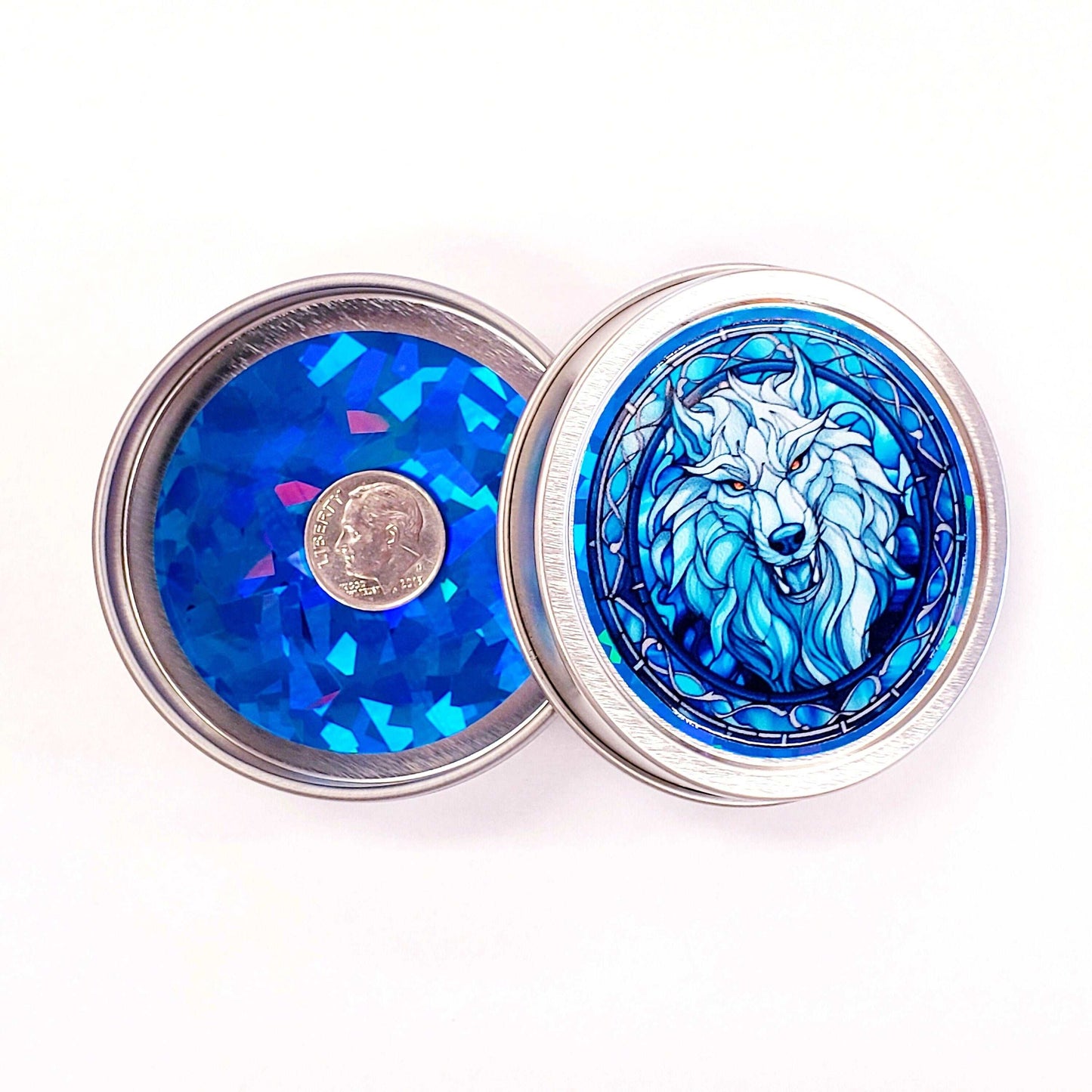 Wolf Container. Small round metal tin with blue wolf monster graphics. Mystical Creature gift for wolf collector. Stocking Stuffer.