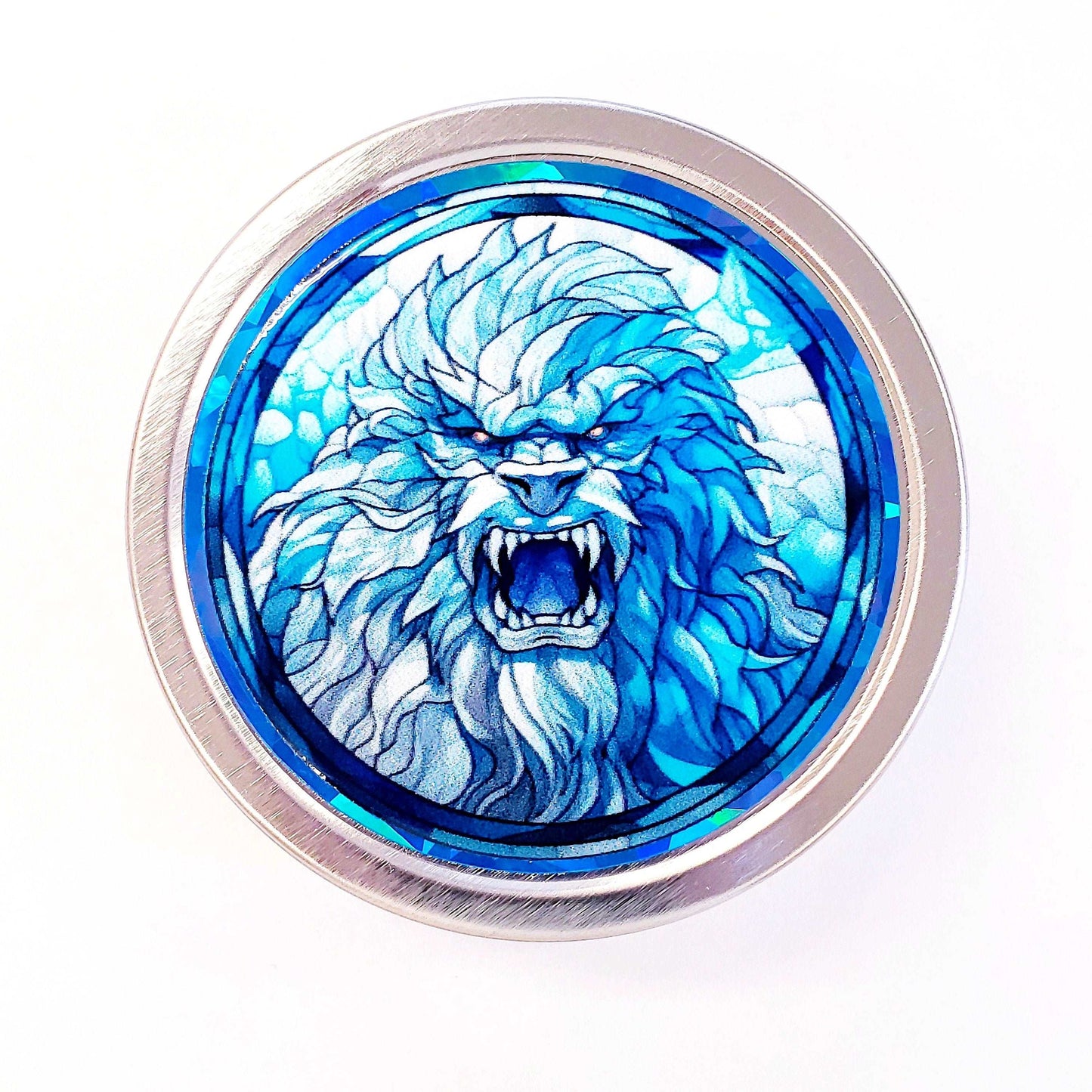 Abominable Snowman Gift. Small round metal container with blue yeti snow monster graphics. Mystical Creature gift for him. Stocking Stuffer.