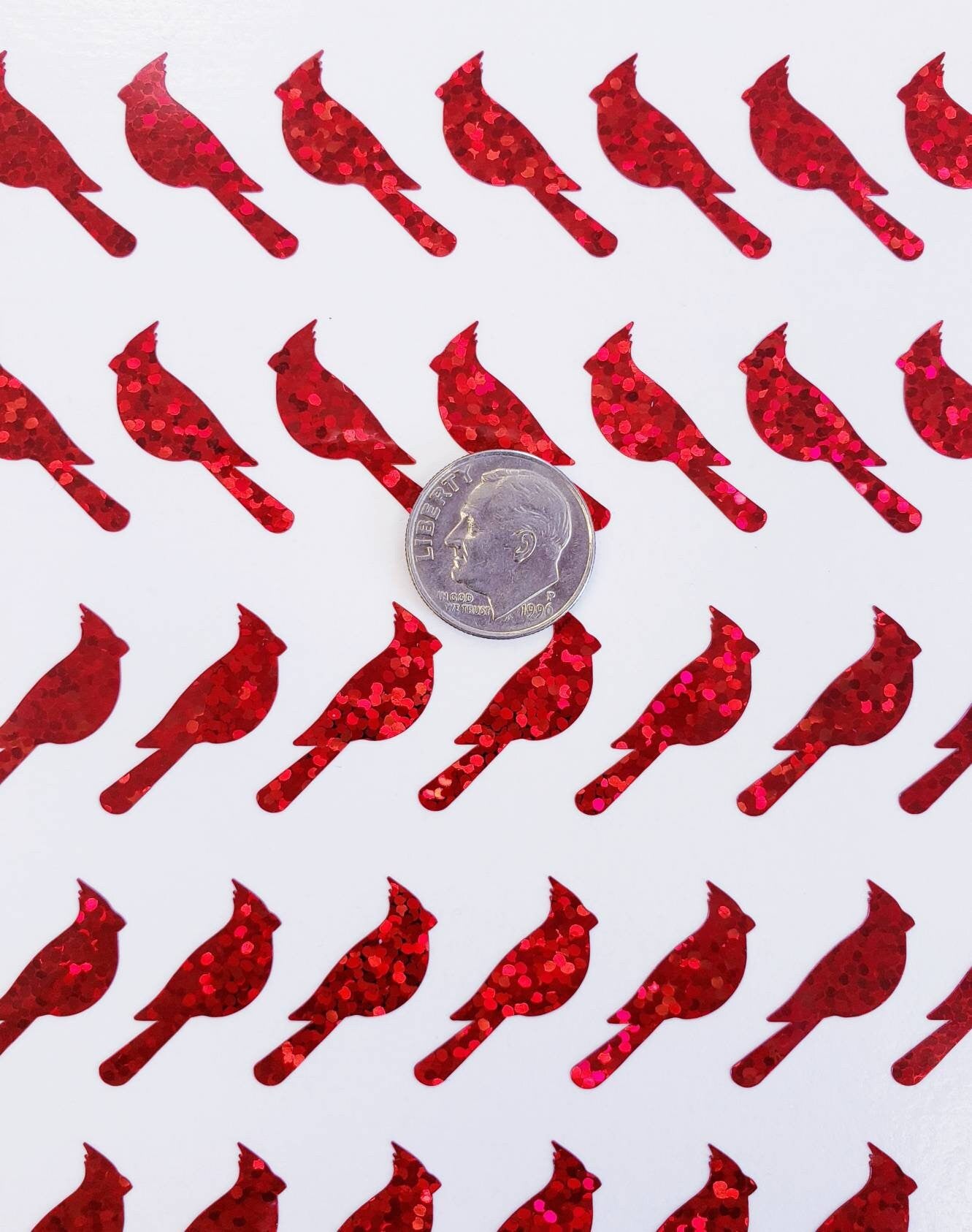 Red Cardinal Bird Stickers, set of 50 bird shaped vinyl decals, red glitter ornament stickers