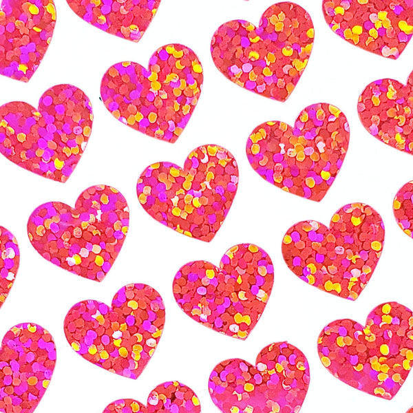 Pink Hearts Sticker Sheet. Set of 104 sparkly vinyl heart decals for planners, notebooks, journals, charts and crafts. Half inch hearts.