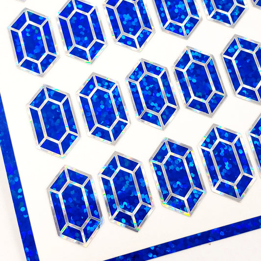 Blue rupee stickers, set of 36 sparkly blue gemstone stickers.