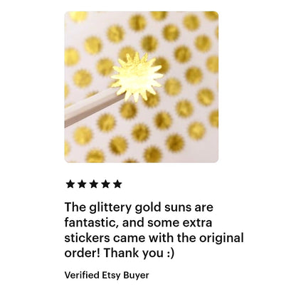 Gold Suns Stickers, set of 96 small golden sun vinyl stickers.