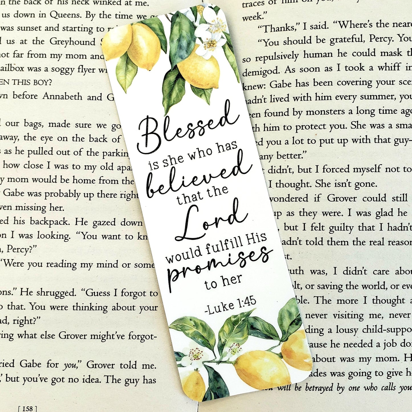 Bible Verse Bookmark. Blessed is she who has believed that the Lord would fulfill His promises to her. Lemon design.