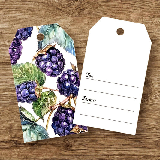 Blackberry Gift Tags, set of 12 Double-Sided Favor Bag Tags, Printed Cardstock Labels for Hostess Gifts, botanical style fruit design.