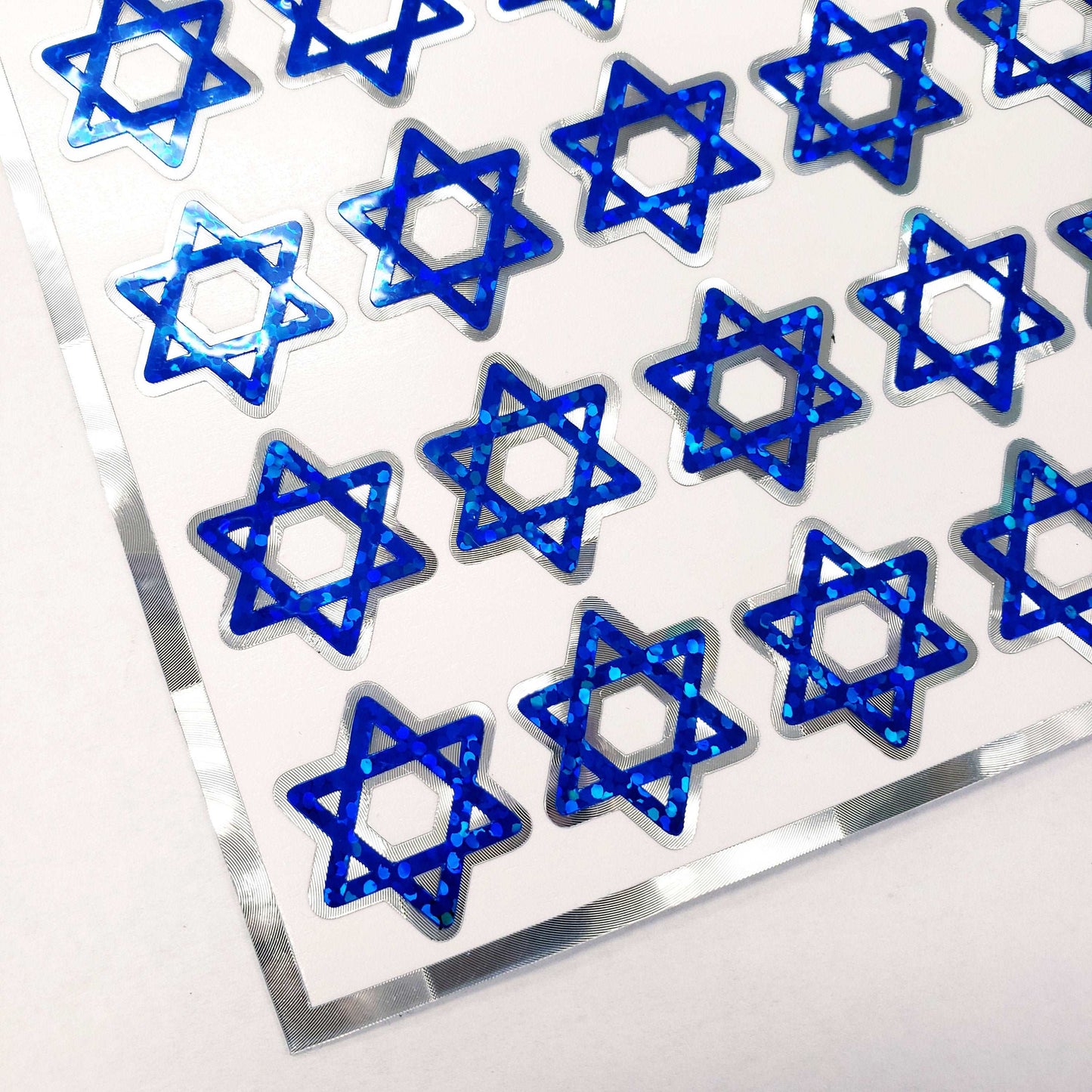 Star of David Stickers, set of 40 sparkly blue and silver six-point star stickers for cards, invitations, Hanukkah, Bar & Bat Mitzvah stars.