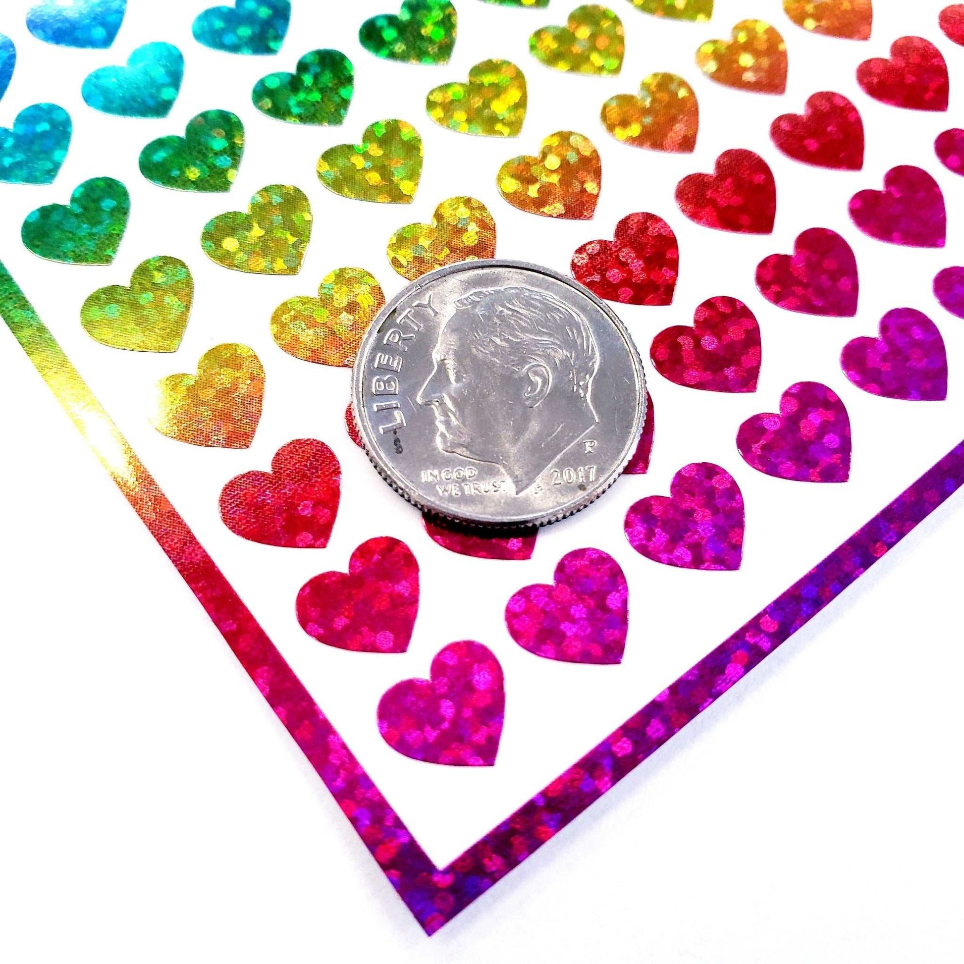 Small Rainbow Hearts Sticker Sheet, set of 285 rainbow glitter hearts.