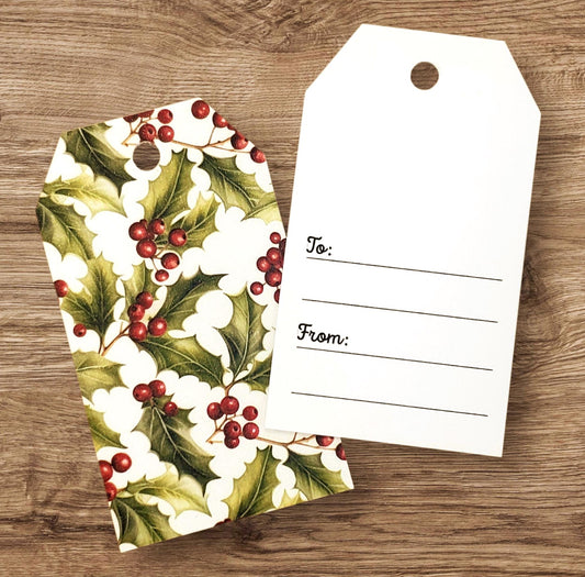 Christmas Holly Gift Tags, Double-Sided Favor Bag Tags, Printed Cardstock Holiday Labels for Hostess Gifts, set of 12