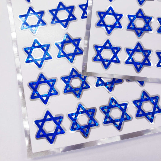 Star of David Stickers, set of 40 sparkly blue and silver six-point star stickers for cards, invitations, Hanukkah, Bar & Bat Mitzvah stars.