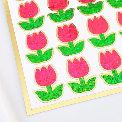 Pink Tulip Stickers, set of 30 small sparkly spring flower decor for scrapbook pages, Easter cards, envelopes and journal embellishments.