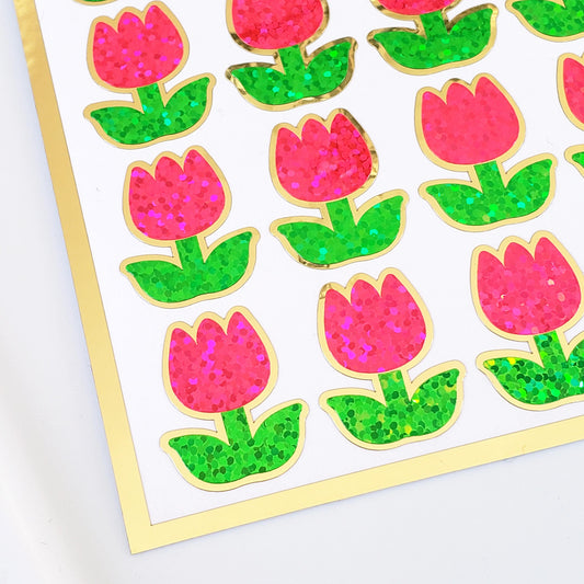 Pink Tulip Stickers, set of 30 small sparkly spring flower decor for scrapbook pages, Easter cards, envelopes and journal embellishments.