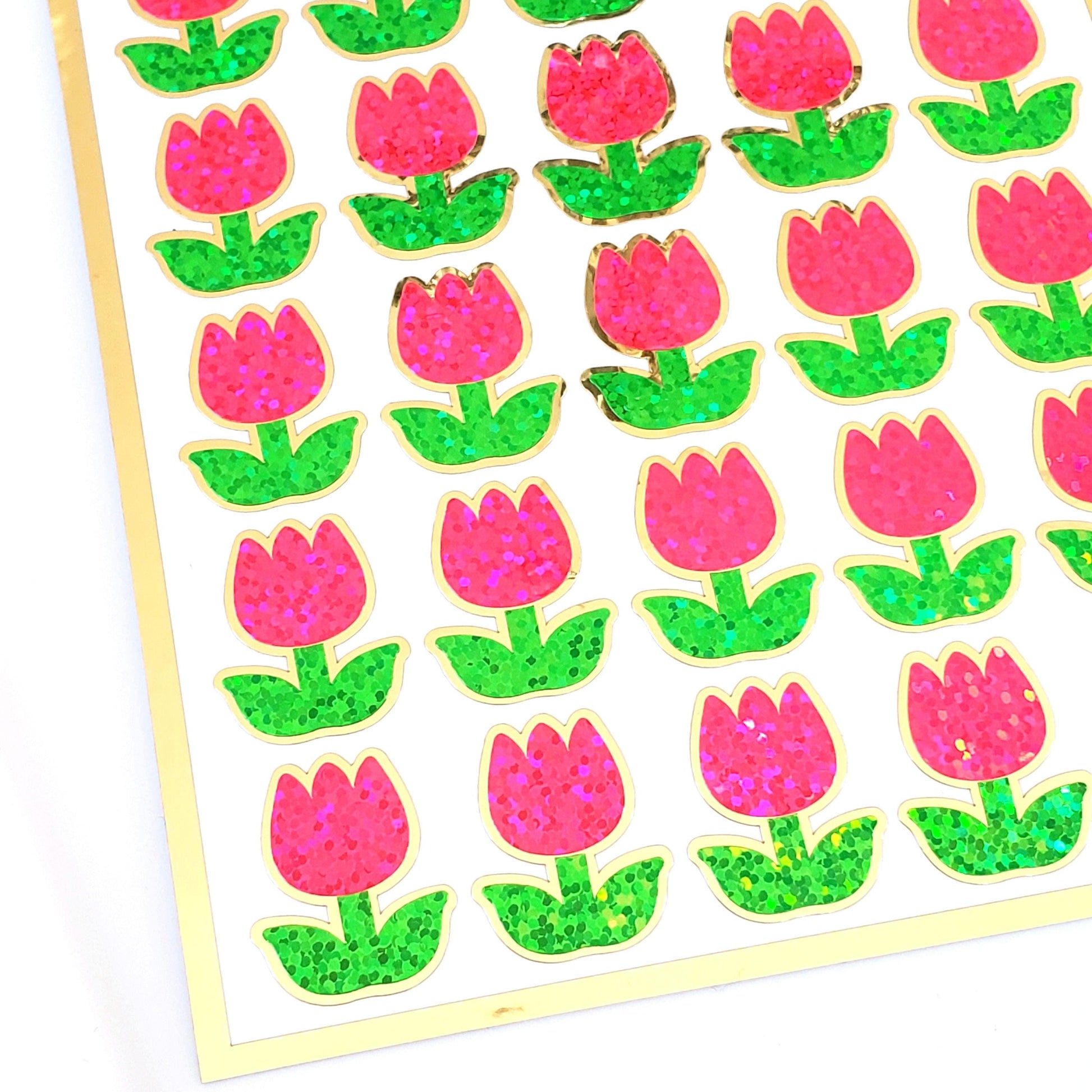 Pink Tulip Stickers, set of 30 small sparkly spring flower decor for scrapbook pages, Easter cards, envelopes and journal embellishments.
