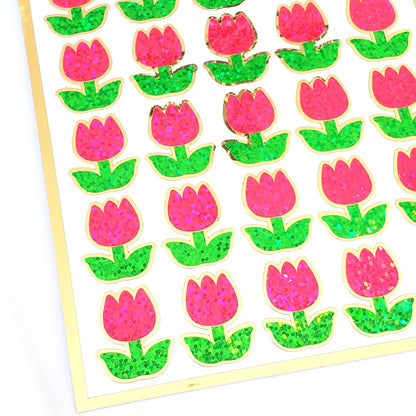 Pink Tulip Stickers, set of 30 small sparkly spring flower decor for scrapbook pages, Easter cards, envelopes and journal embellishments.