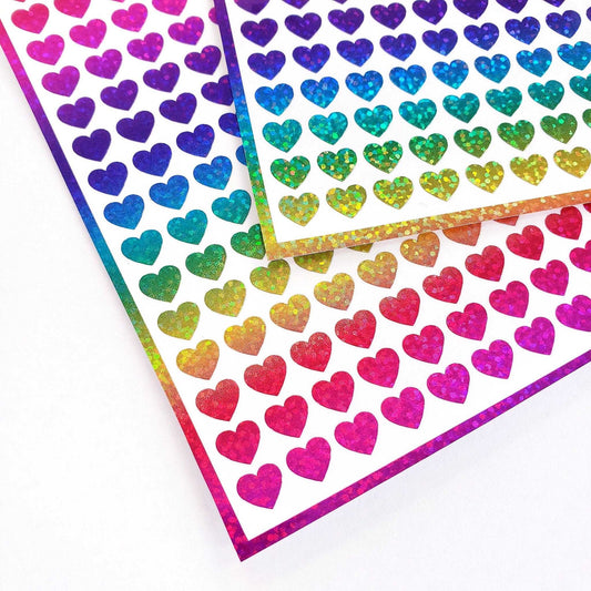 Small Rainbow Hearts Sticker Sheet, set of 285 rainbow glitter hearts.