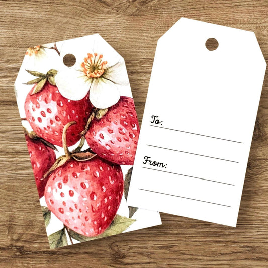 Strawberry Gift Tags, set of 12 Double-Sided Favor Bag Tags, Printed Cardstock Labels for Hostess Gifts, botanical style fruit design.
