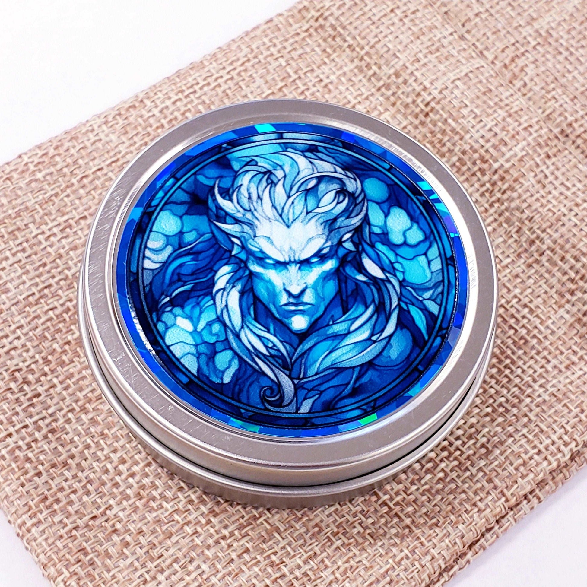 Vampire Container. Small round metal tin with blue male vampire graphics. Mystical Creature gift for monster collector. Stocking Stuffer.