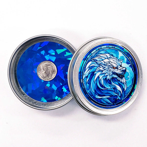 Werewolf Container. Small round metal tin with blue wolf monster graphics. Mystical Creature gift for wolf collector. Stocking Stuffer.