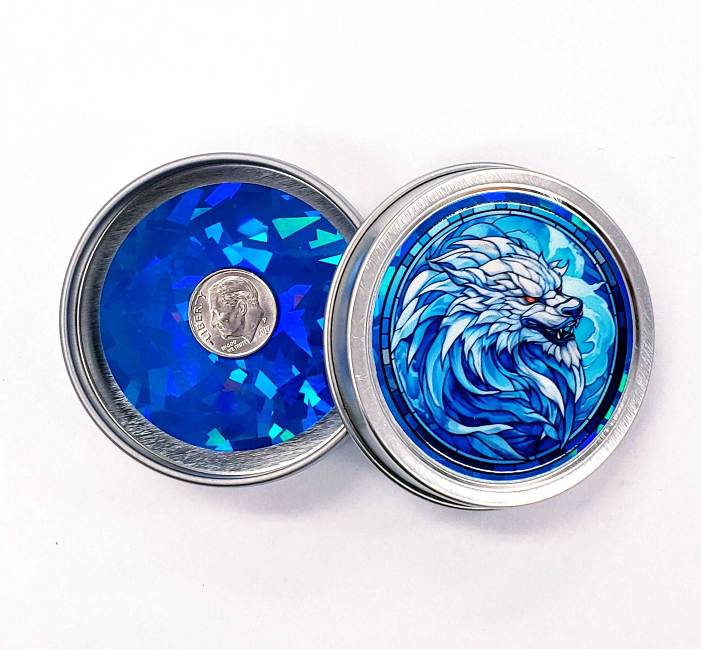 Werewolf Container. Small round metal tin with blue wolf monster graphics. Mystical Creature gift for wolf collector. Stocking Stuffer.