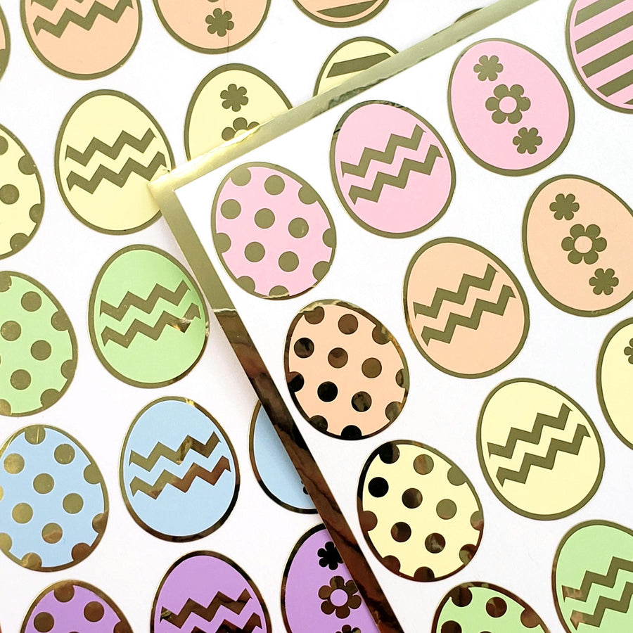 Pretty Pastel Easter Egg Stickers, set of 30 colorful polka dot egg decor for cards, journals and scrapbook embellishments. Gold outline.