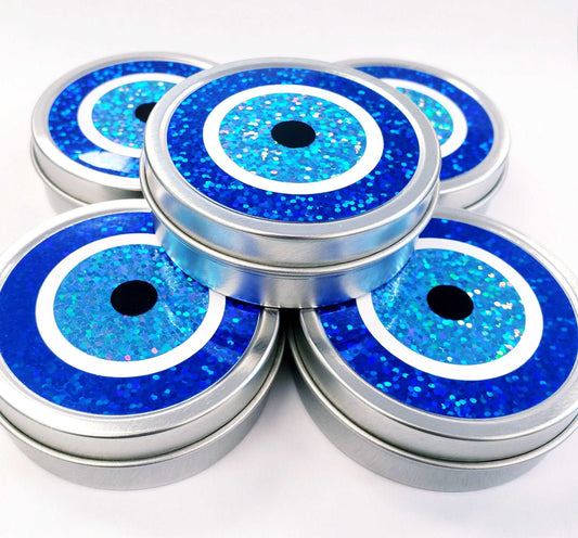 Evil Eye Box, Turkish Nazar blue evil eye symbol, round tin container for jewelry and charms, protective amulet good karma, glitter version