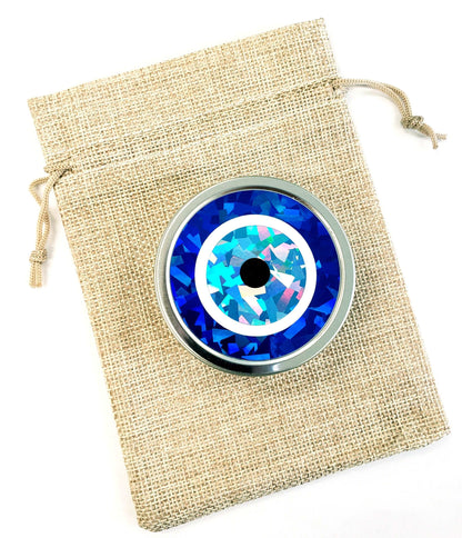 Evil Eye Box, Turkish Nazar blue evil eye round tin container for jewelry and charms, protective amulet good karma