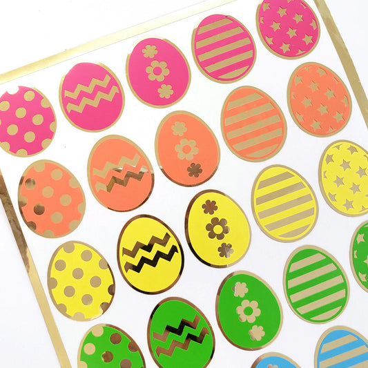Easter Egg Stickers, set of 30 bright color polka dot egg decor for cards, journals and scrapbook embellishments. Gold outline.